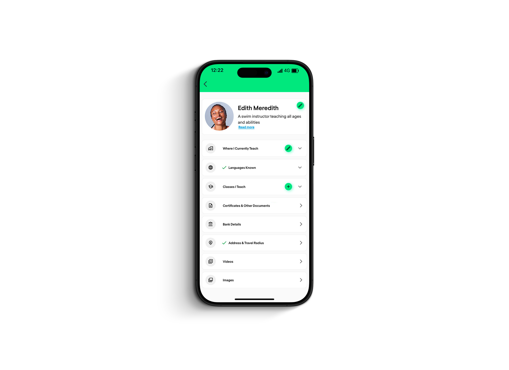 Hand holding iPhone showing a verified CoverMe instructor profile with qualifications, languages and documents