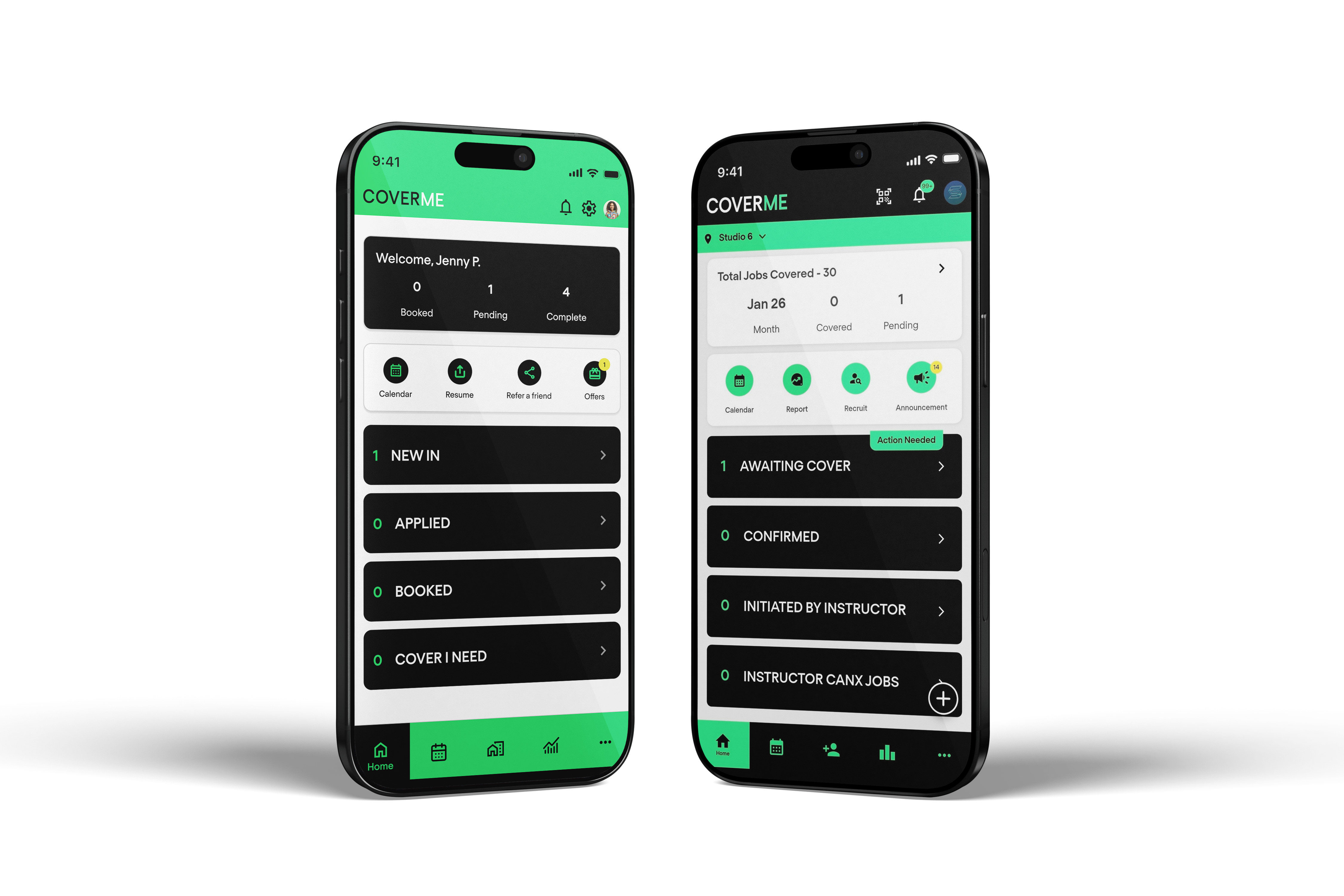 Two phones showing the CoverMe instructor and venue apps side by side