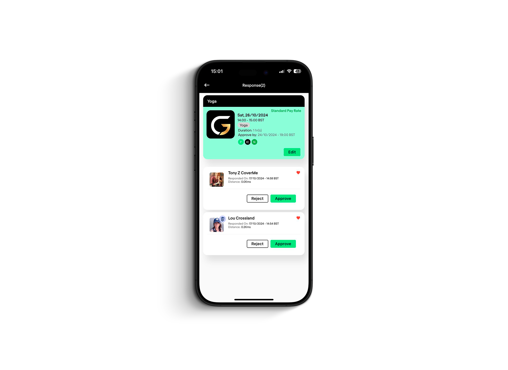 CoverMe app screens: instructor profile and cover dashboard showing pending and confirmed jobs